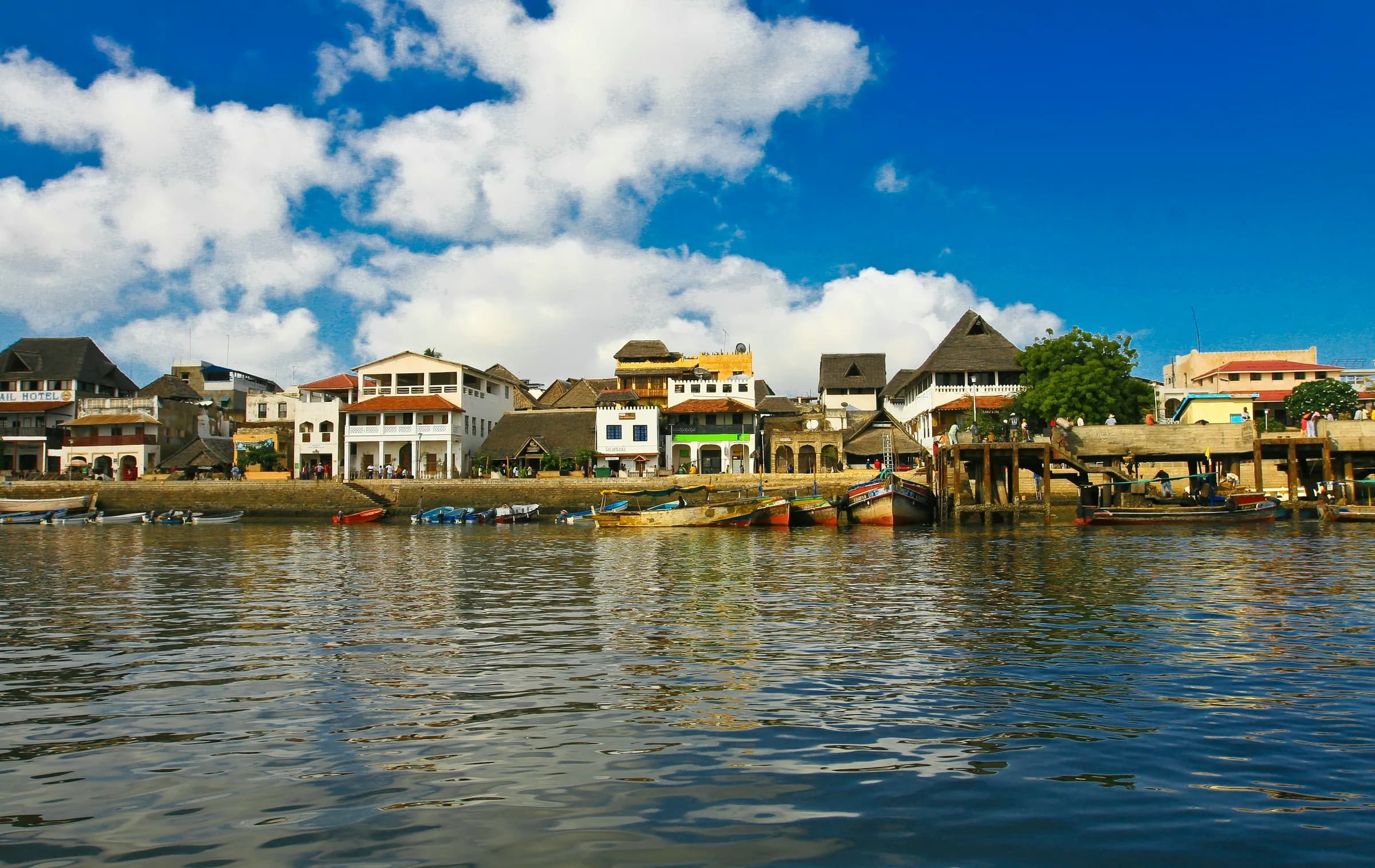 Historic Lamu Old Town waterfront seen from the channel