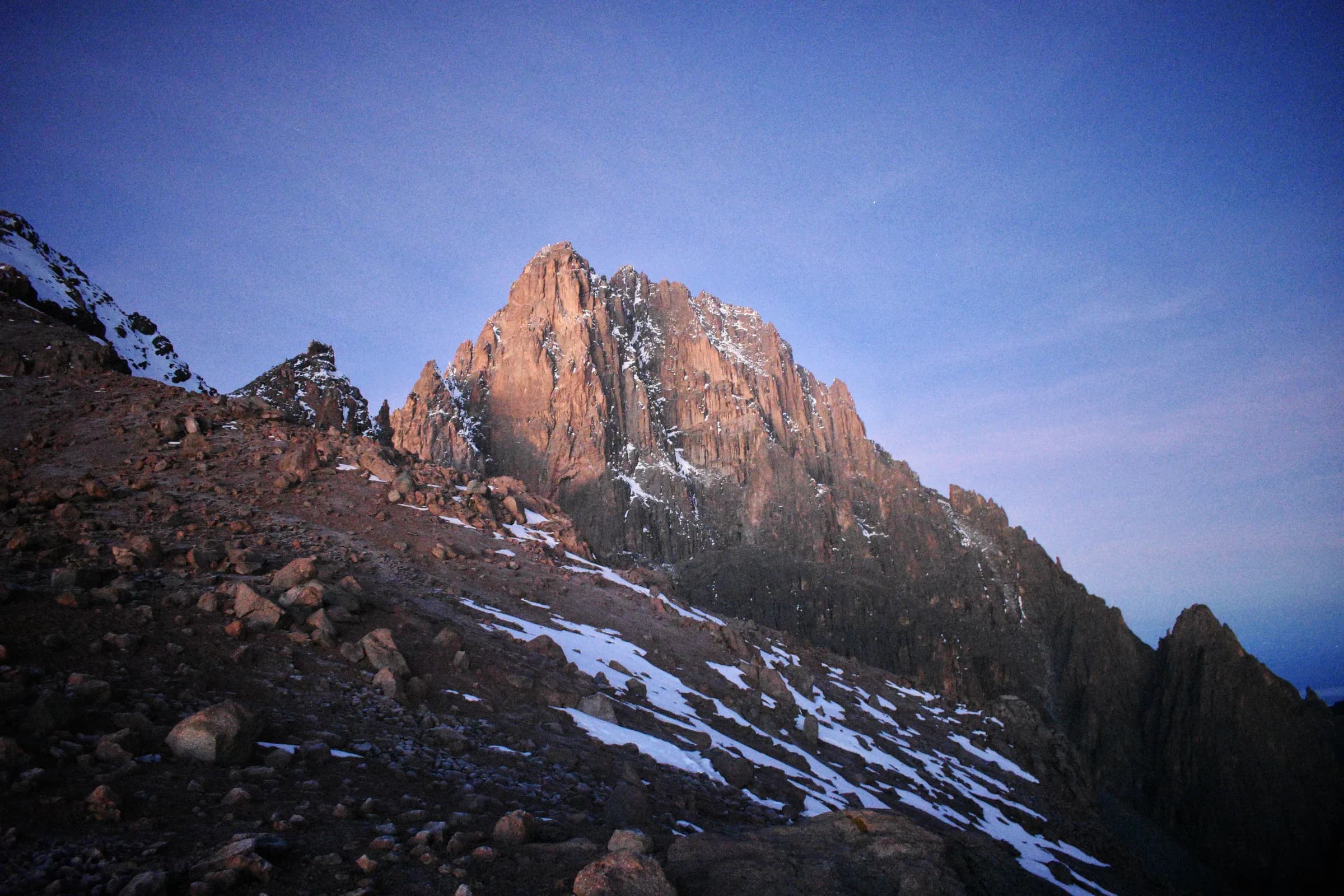 Jagged Batian peak of Mount Kenya seen from Point Lenana